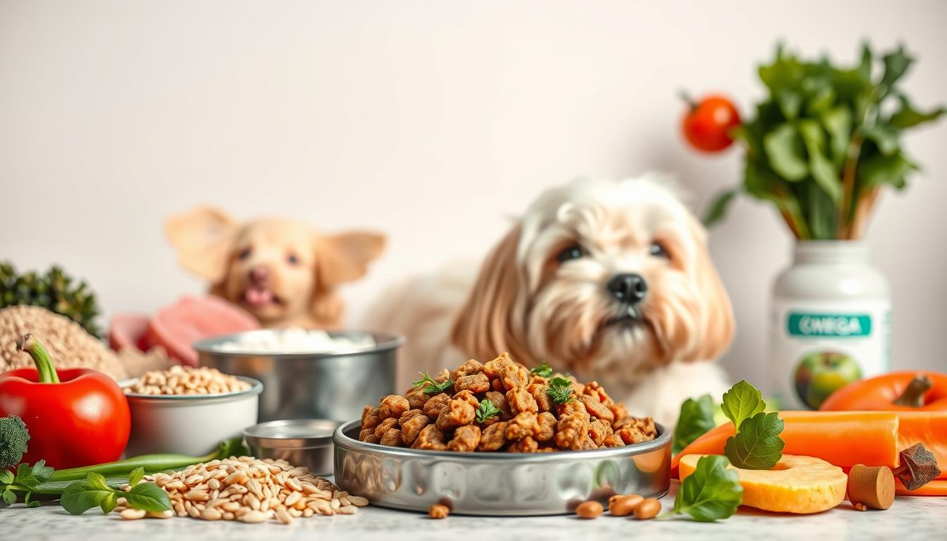 A well-lit, close-up photograph of an assortment of healthy dog food ingredients for a Lhasa Apso with health concerns, set against a clean, minimalist background. The foreground features various whole foods like lean protein sources, whole grains, fresh vegetables, and supplements like omega-3s and probiotics. The middle ground showcases the prepared dog food, artfully arranged to highlight its nutritional value and suitability for a Lhasa Apso's specialized dietary needs. The background is softly blurred, drawing the viewer's focus to the key elements. The overall mood is one of care, quality, and attention to the Lhasa Apso's unique dietary requirements.