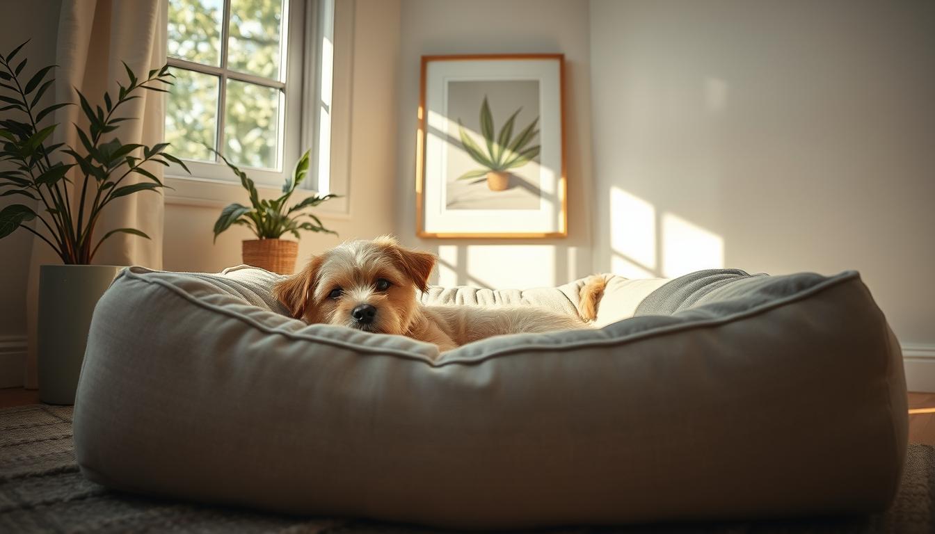A cozy, pet-friendly bed nestled in a serene, sun-dappled room. The plush, anxiety-reducing bed is made of soft, textured fabrics in soothing neutral tones, with a lofty cushion and gently sloping sides to provide a sense of security and comfort. Nearby, a potted plant and a framed piece of calming artwork create a tranquil, restorative atmosphere. The lighting is soft and diffused, casting a warm, gentle glow over the scene. The camera angle is low, capturing the bed from the perspective of the pup, inviting the viewer to imagine sinking into its comforting embrace.
