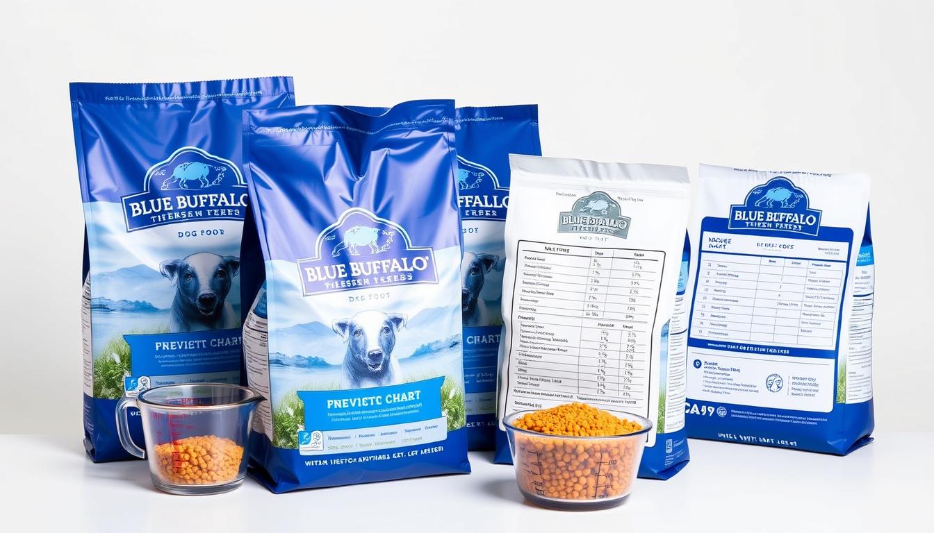 Blue Buffalo dog food bags with a measuring cup and feeding chart