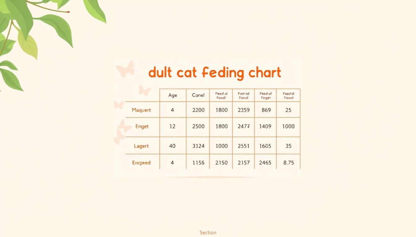 A detailed, high-quality illustration of an "adult cat feeding chart" in a warm, educational style. The chart is the main focus, displayed prominently in the center against a light, natural backdrop. The chart shows a clear, organized layout with information about recommended feeding amounts based on the cat's weight and age. The chart is rendered with a clean, minimalist aesthetic, using simple shapes, lines, and a neutral color palette to convey the information clearly and effectively. The lighting is soft and diffused, creating a calm, informative atmosphere. The overall composition is balanced and visually appealing, designed to complement the article's subject and section title.