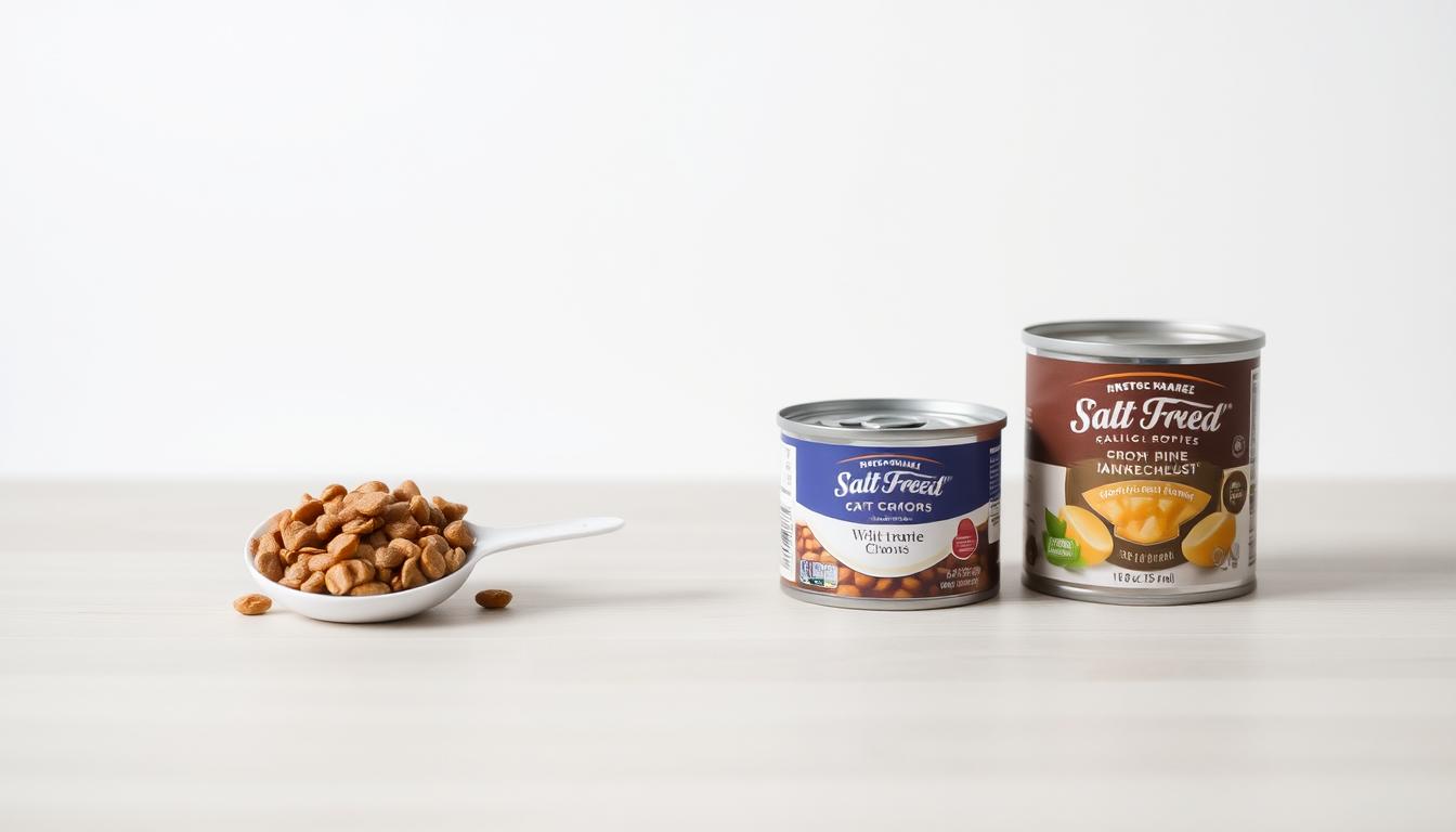A minimalist still life showcasing the size comparison of dry and wet cat food portions. In the foreground, two precisely measured scoops of dry kibble and two cans of wet food are neatly arranged on a clean, neutral-colored surface, perhaps wood or marble. The lighting is soft and even, highlighting the textures and colors of the different food types. The composition is balanced and symmetrical, allowing the viewer to clearly discern the relative proportions. The overall mood is informative yet visually appealing, guiding the audience to understand the appropriate serving sizes for a cat's dietary needs.