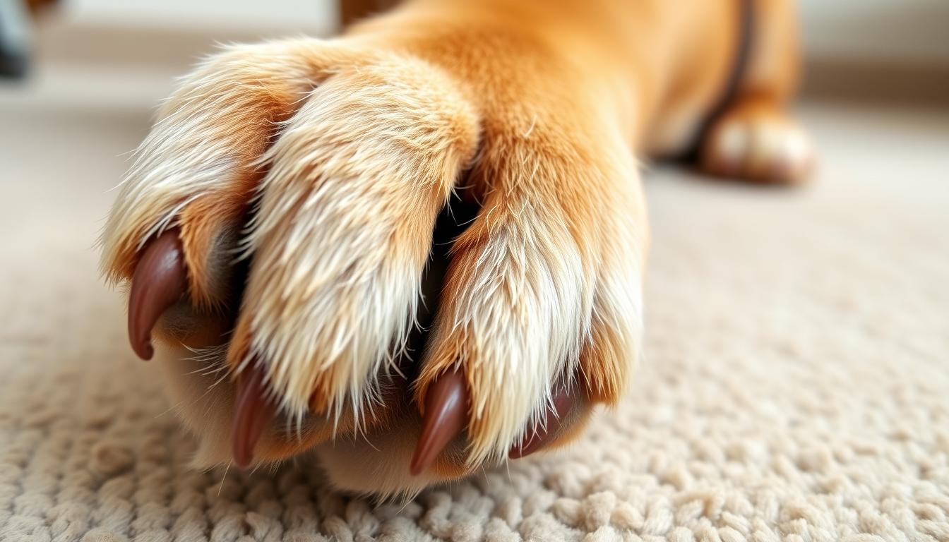 natural paw care for dogs, close-up of a dog's paw with healthy skin and nails, set against a soft, neutral background with natural lighting, captured with a wide-angle lens at eye level to highlight the intricate details, conveying a sense of tranquility and well-being, emphasizing the importance of proper paw maintenance for a dog's overall health and comfort