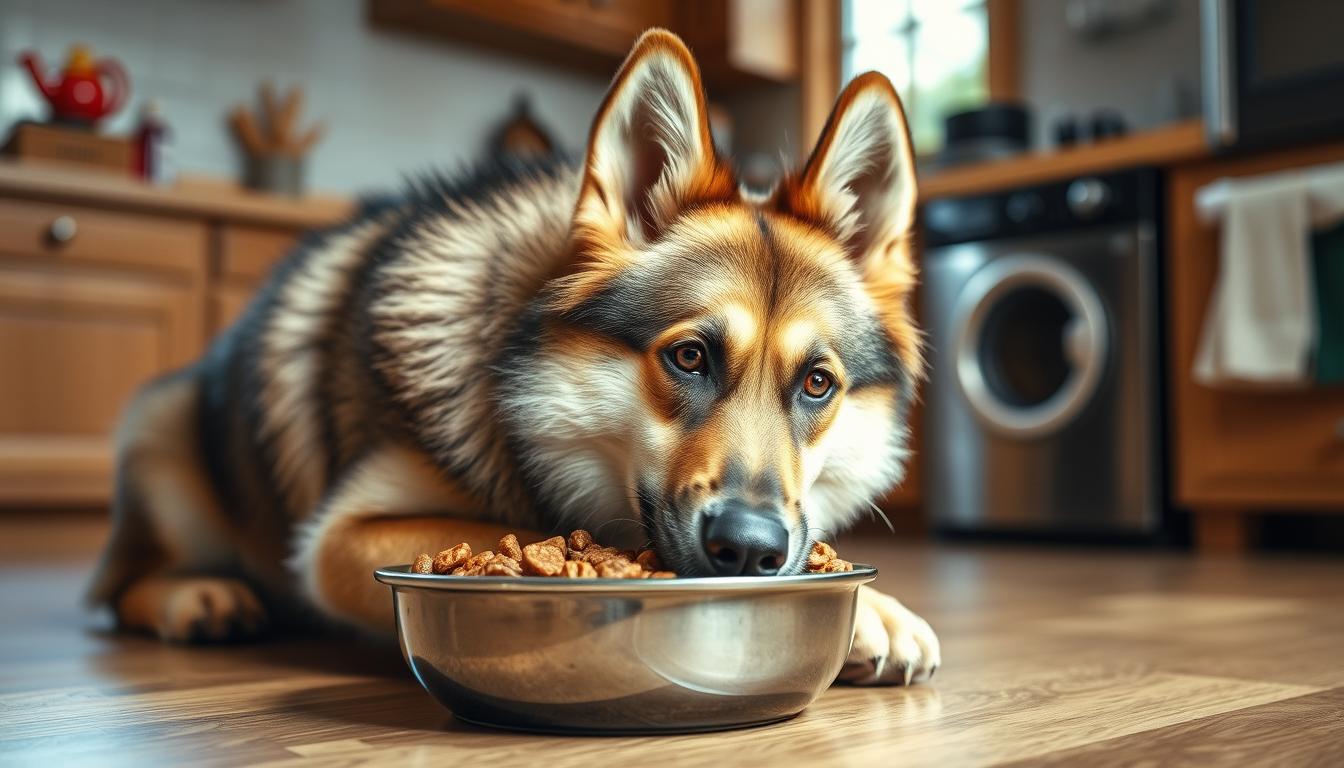 Image of a Shepsky enjoying a meal of wet dog food