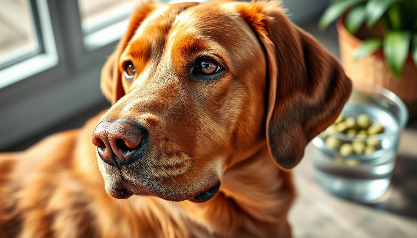 A close-up, high-resolution photograph of a Chesapeake Bay Retriever's head and upper body, captured in natural lighting from the side. The dog's fur is a rich, warm chestnut color, with a soft, shiny texture. The dog's eyes are alert and intelligent, gazing intently at the camera. In the background, blurred out, are bowls of fresh, high-quality dog food and water, suggesting the importance of proper nutrition for this active, working breed. The overall mood is one of calm, focus, and the healthy, vibrant appearance of the dog.