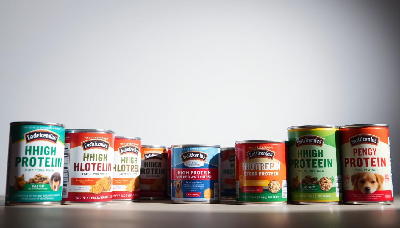 A well-lit product photography setup showcasing an array of canned high-protein dog food options. In the foreground, several cans are arranged in a visually pleasing manner, their labels prominently displayed. The cans are shot from a slight angle, casting subtle shadows that add depth and dimension. The middle ground features a simple, minimalist backdrop, allowing the cans to take center stage. The lighting is soft and diffused, creating an even, natural-looking illumination that accentuates the colors and textures of the cans. The overall mood is one of informative clarity, inviting the viewer to closely examine the various high-protein canned dog food options.