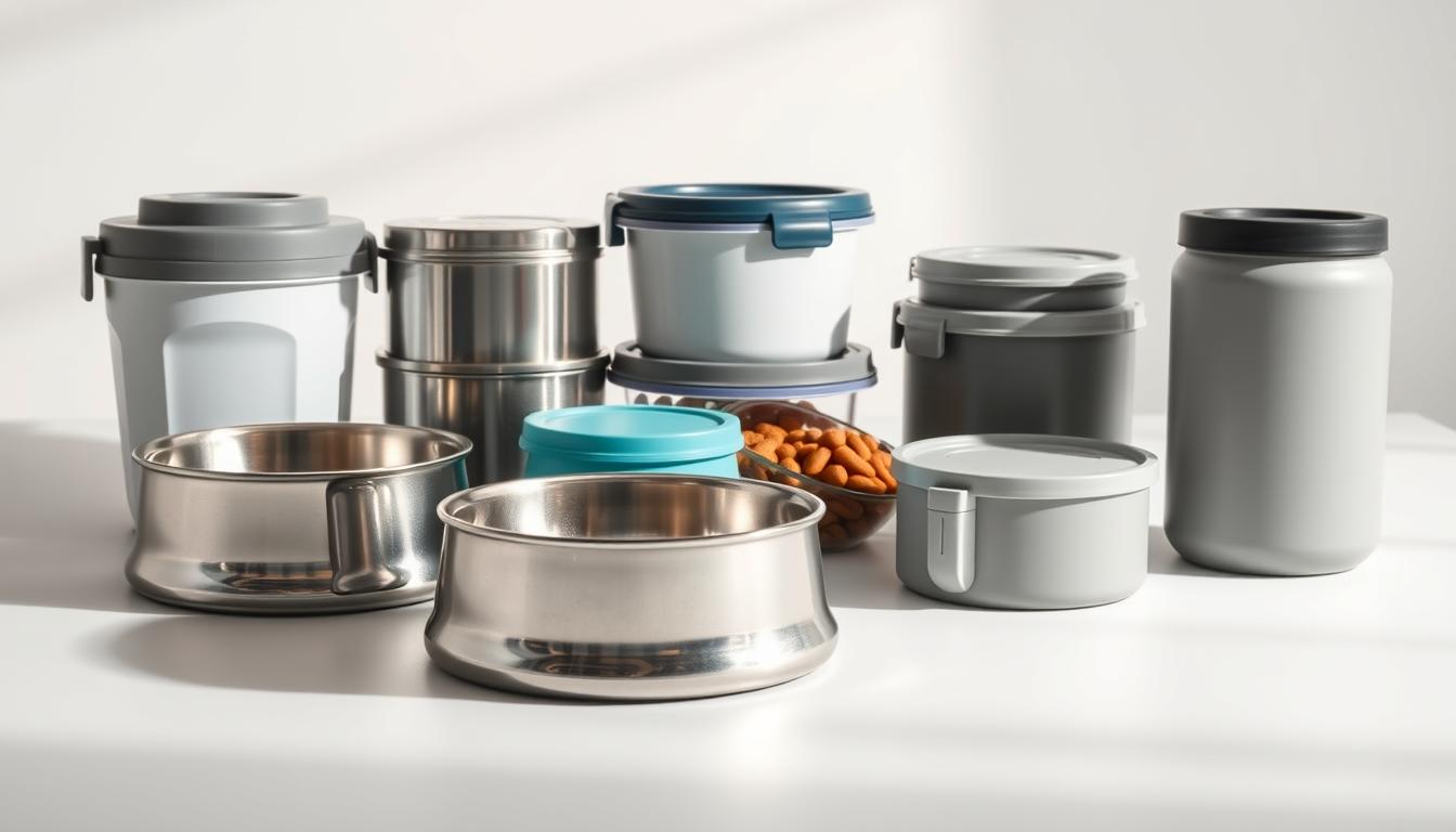 A well-lit studio shot of an assortment of high-quality pet meal containers, including stainless steel bowls, BPA-free plastic containers, and airtight storage canisters. The containers are arranged on a clean, neutral-colored surface, showcasing their practical features and sleek designs. Subtle shadows and highlights create depth and emphasize the materials' textures. The lighting is soft and even, creating a professional, editorial-style atmosphere. The composition is balanced, with the containers occupying the middle ground, allowing ample negative space to draw the viewer's attention to the products.