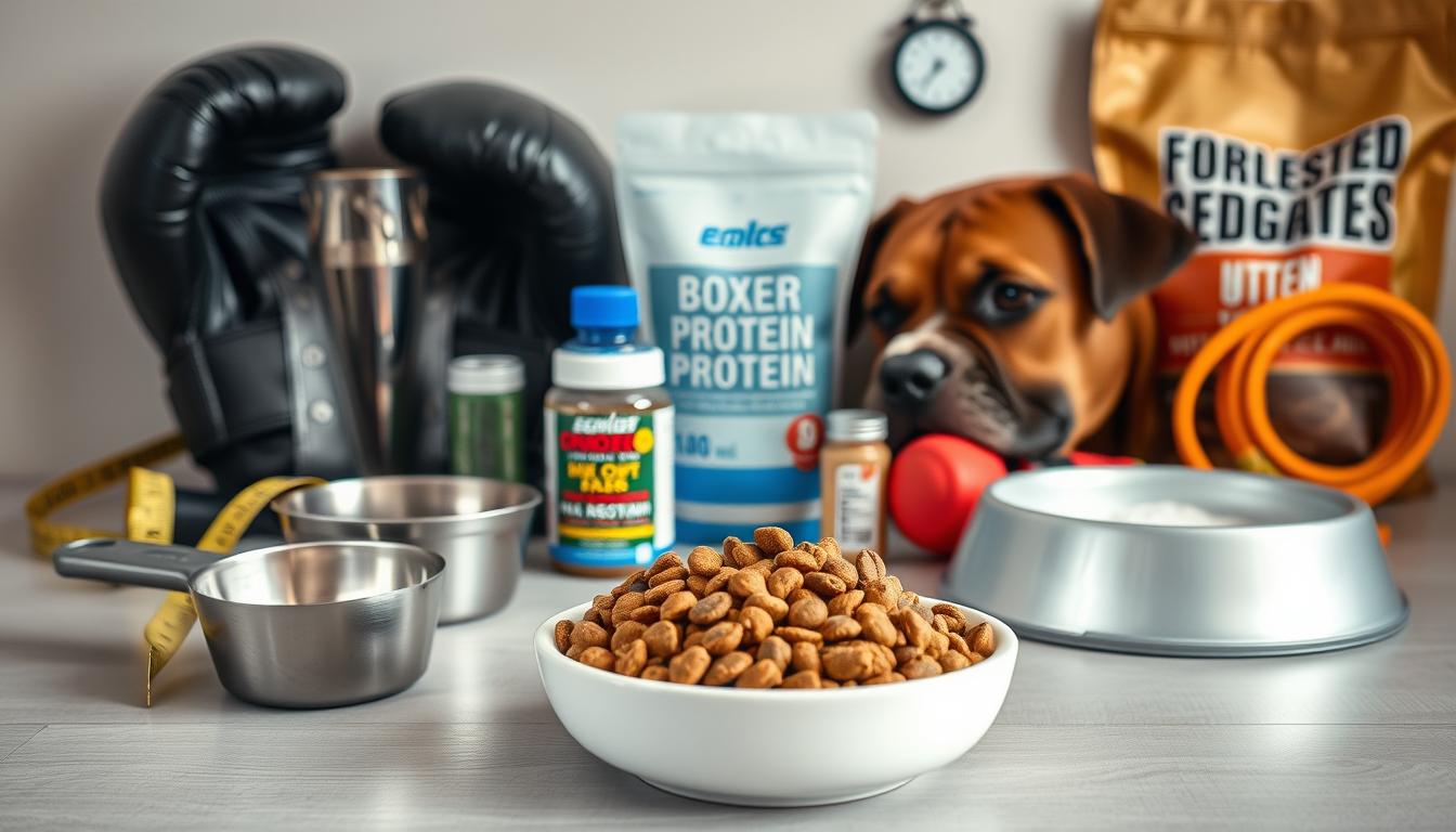 A neatly arranged still life of essential boxer nutrition items, shot with a high-quality DSLR camera in natural lighting. In the foreground, a bowl of high-protein dog kibble, a scoop, and a tape measure to track weight. In the middle ground, a water bowl, a set of dog vitamins, and a bag of specialized protein powder. In the background, a tidy backdrop of boxing gloves, a jump rope, and a boxing timer, conveying the athletic lifestyle of a boxer. The overall mood is focused, organized, and emphasizes the importance of proper nutrition for an active canine athlete.