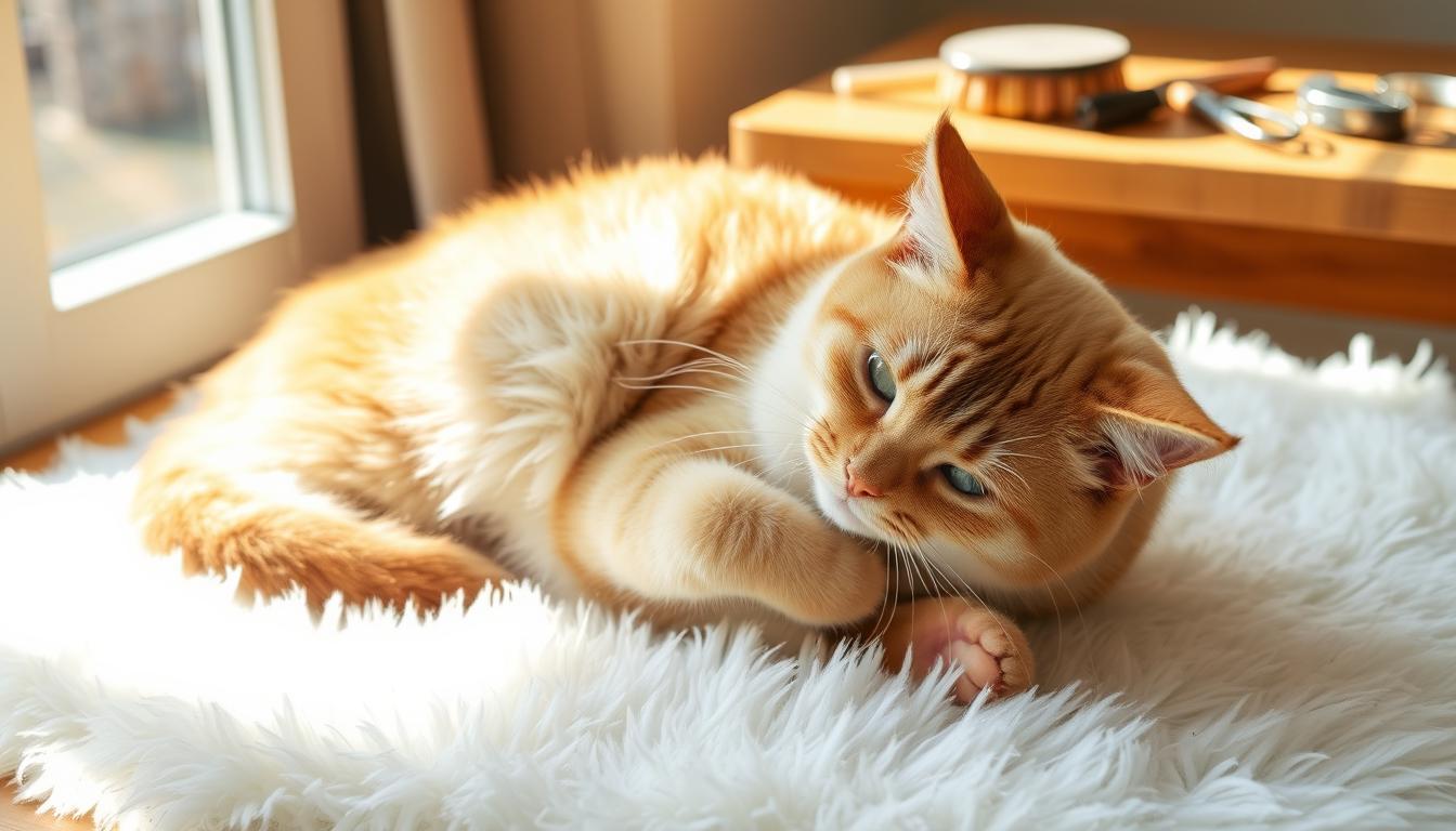 A contented cat lounges on a fluffy white rug, meticulously grooming its soft, sleek fur. Sunlight filters through a nearby window, casting a warm, golden glow over the scene. In the background, an array of grooming tools, such as a brush, comb, and nail clippers, are neatly arranged on a wooden table, ready for use. The cat's expression is one of relaxation and contentment, reflecting the importance of regular grooming for maintaining a cat's overall health and well-being.
