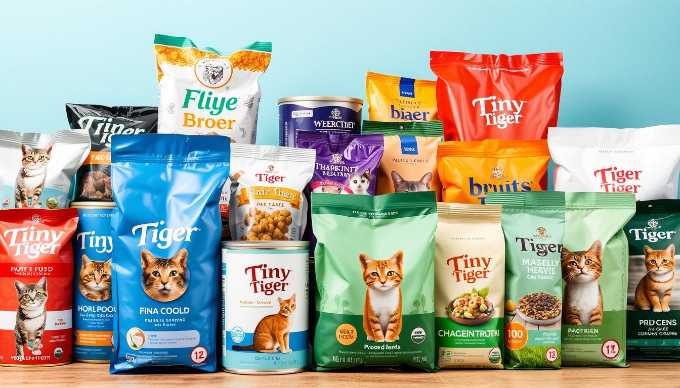 Generate an image of various cat food brands side by side, with Tiny Tiger prominently displayed.