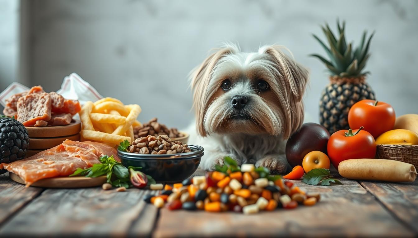 A close-up, high-resolution photograph of a variety of healthy, whole-food dog diet options for a Lhasa Apso. In the foreground, a selection of nutrient-rich ingredients like lean protein, complex carbohydrates, and fresh fruits and vegetables, arranged artfully on a rustic wooden surface. In the middle ground, a sleek, well-groomed Lhasa Apso sitting attentively, its expressive eyes conveying an interest in the meal. The background is softly blurred, creating a sense of depth and focus on the dietary elements. The lighting is natural, slightly diffused, highlighting the vivid colors and textures of the ingredients. The overall composition and mood evoke a sense of balance, nourishment, and the special dietary needs of this breed.