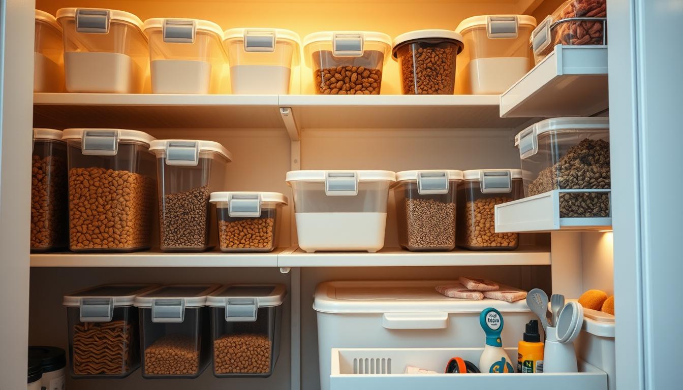 A well-organized pantry with essential storage features: Overhead shelving showcasing airtight dog food containers in various sizes, complemented by pull-out drawers for smaller items. The shelves are illuminated by soft, warm lighting, casting a cozy glow over the meticulously arranged space. The containers are made of durable, food-grade materials, featuring secure locking lids to keep contents fresh. In the foreground, a label maker and organizational tools suggest a thoughtful, practical approach to pantry management. The overall impression is one of efficiency, functionality, and a touch of sophistication, creating the perfect environment for storing and accessing dog food with ease.
