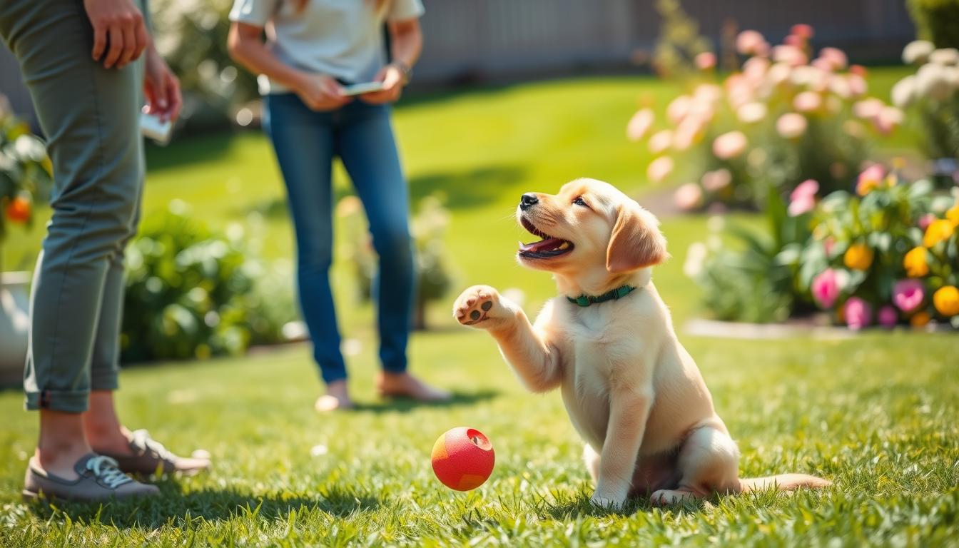 A sunny, well-lit backyard scene showcasing the benefits of a puppy's daily routine. In the foreground, a playful golden retriever puppy enthusiastically performs obedience commands, sitting, staying, and fetching a toy. The middle ground features a responsible owner guiding the puppy through these exercises, reinforcing positive behavior with treats and praise. In the background, a lush, green lawn and blooming flowers create a serene, nurturing environment. The scene conveys the importance of establishing a consistent, structured routine to build a puppy's confidence, discipline, and bond with their human companion.