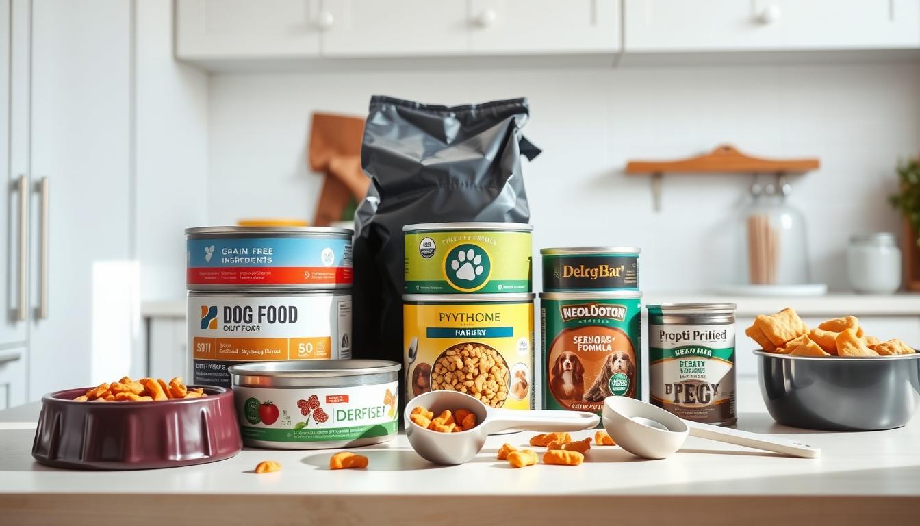 A well-lit, high-resolution photograph of a kitchen counter with various dog food bowls, measuring cups, and treats arranged neatly. In the foreground, a stack of dog food bags and cans with different labels, indicating special dietary requirements such as grain-free, limited ingredients, and senior formulas. In the middle ground, a dog food scoop and a set of measuring spoons, emphasizing the importance of portion control. The background features a clean, minimalist kitchen setting with clean white walls and natural lighting, creating a calming and informative atmosphere.