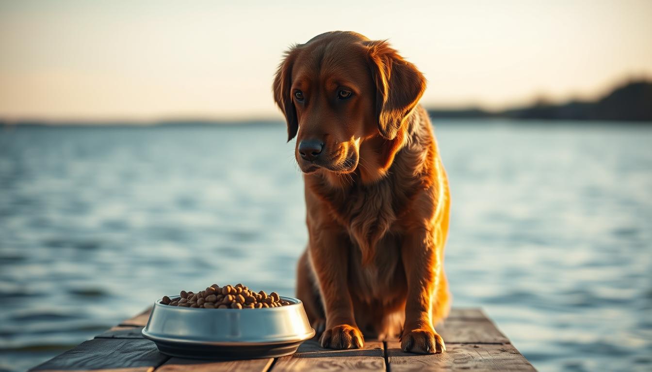 A Chesapeake Bay Retriever sitting attentively on a wooden dock, gazing at a bowl of high-quality dog food. The sun casts a warm, golden glow, illuminating the retriever's dense, water-resistant coat. In the background, the serene waters of the Chesapeake Bay stretch out, reflecting the cloudless sky. The composition emphasizes the dog's connection to its natural environment, conveying a sense of balance and harmony as the retriever transitions to a new, nutritious diet. The lighting and depth of field create a sense of tranquility and focus, inviting the viewer to consider the importance of a well-planned dietary change for this active, working breed.