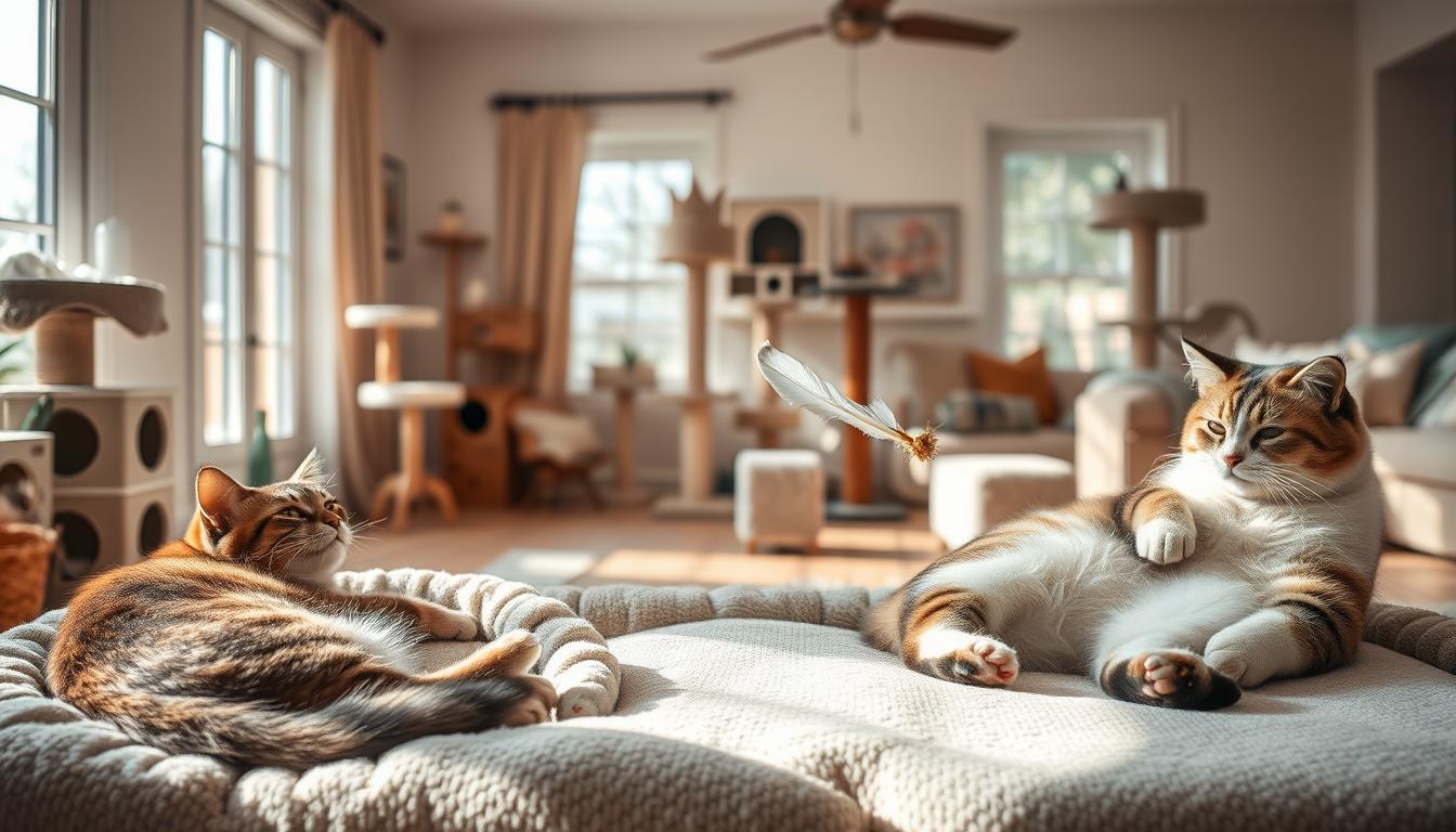 A cozy multi-cat home, sun-dappled and serene. In the foreground, three felines lounging in blissful harmony - one curled in a soft bed, another playfully batting a feather toy, the third contentedly grooming. The middle ground reveals an assortment of cat trees, scratching posts, and plush perches, inviting the furry occupants to explore and claim their territory. The background softly fades into a warm, inviting living room, with plush furnishings and natural lighting filtering through large windows, creating a tranquil atmosphere that caters to the unique needs and personalities of the beloved residents.