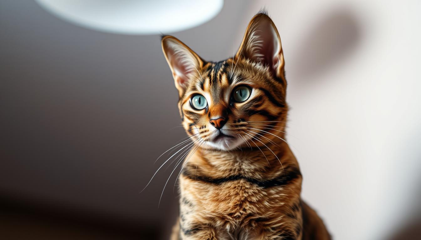 A striking portrait of an Abyssinian cat with a distinctive agouti coat. The feline is gracefully posed, its expressive eyes and alert posture capturing the breed's intelligence and curiosity. The fur is rendered in warm, earthy tones, with darker bands accentuating the cat's elegant features. Soft, diffused lighting from an overhead source creates a gentle, atmospheric ambiance, casting subtle shadows that highlight the cat's contours. The background is subtly blurred, keeping the focus on the captivating subject. This image perfectly encapsulates the regal and charming nature of the Abyssinian cat breed.