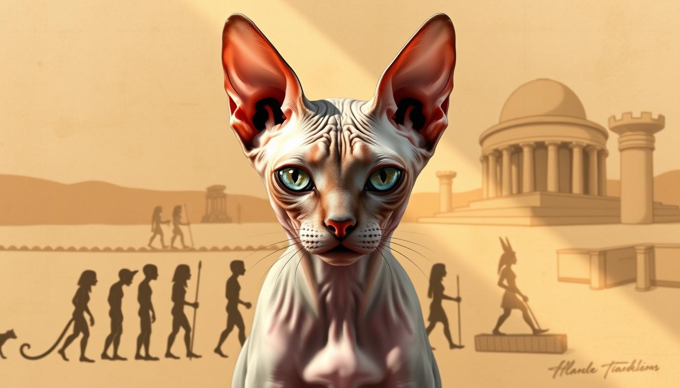 A detailed illustration of the Sphynx cat breed's history, showcasing its unique physical characteristics and evolutionary origins. The foreground depicts a majestic Sphynx with its distinctive wrinkled, hairless skin, large pointed ears, and intense, almond-shaped eyes. In the middle ground, a series of sketches and silhouettes trace the breed's development from its ancient Egyptian ancestors to the modern hypoallergenic companion. The background features a warm, sepia-toned landscape with ancient hieroglyphics and architectural elements, evoking the Sphynx's mysterious heritage. Soft, directional lighting casts dramatic shadows, accentuating the breed's distinctive features. The overall composition conveys a sense of timeless elegance and the Sphynx's unique place in feline history.