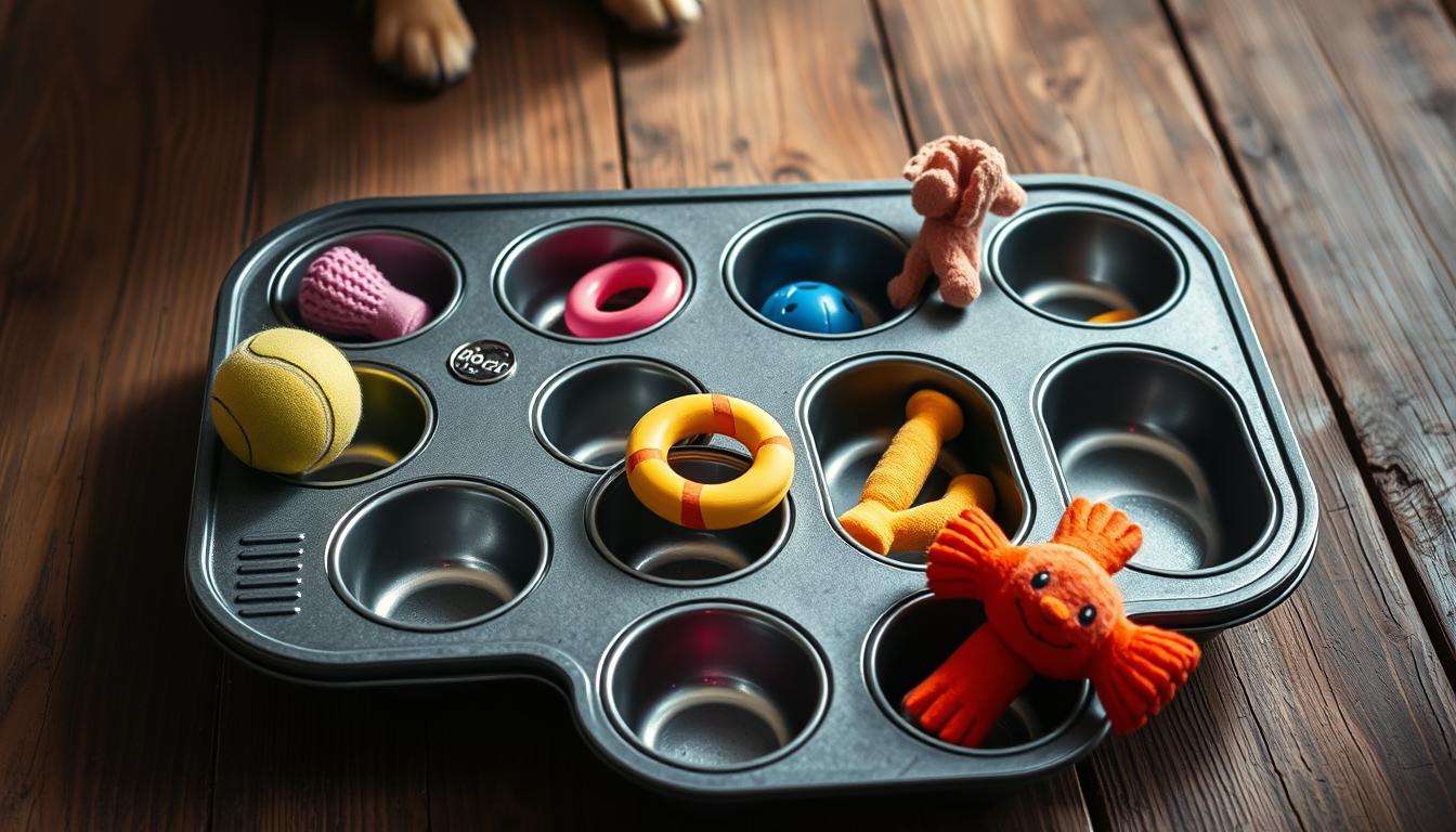 A well-lit muffin tin sits on a rustic wooden table, its empty cups invitingly arranged. Colorful dog toys, including a tennis ball, a chew ring, and a plush squeaky toy, are strategically placed in random cups, creating an interactive shell game for an attentive canine. The lighting, slightly from the side, casts soft shadows, adding depth and dimension to the scene. The overall mood is one of playful engagement, encouraging the viewer to imagine their own pup discovering the hidden treasures within the tin.