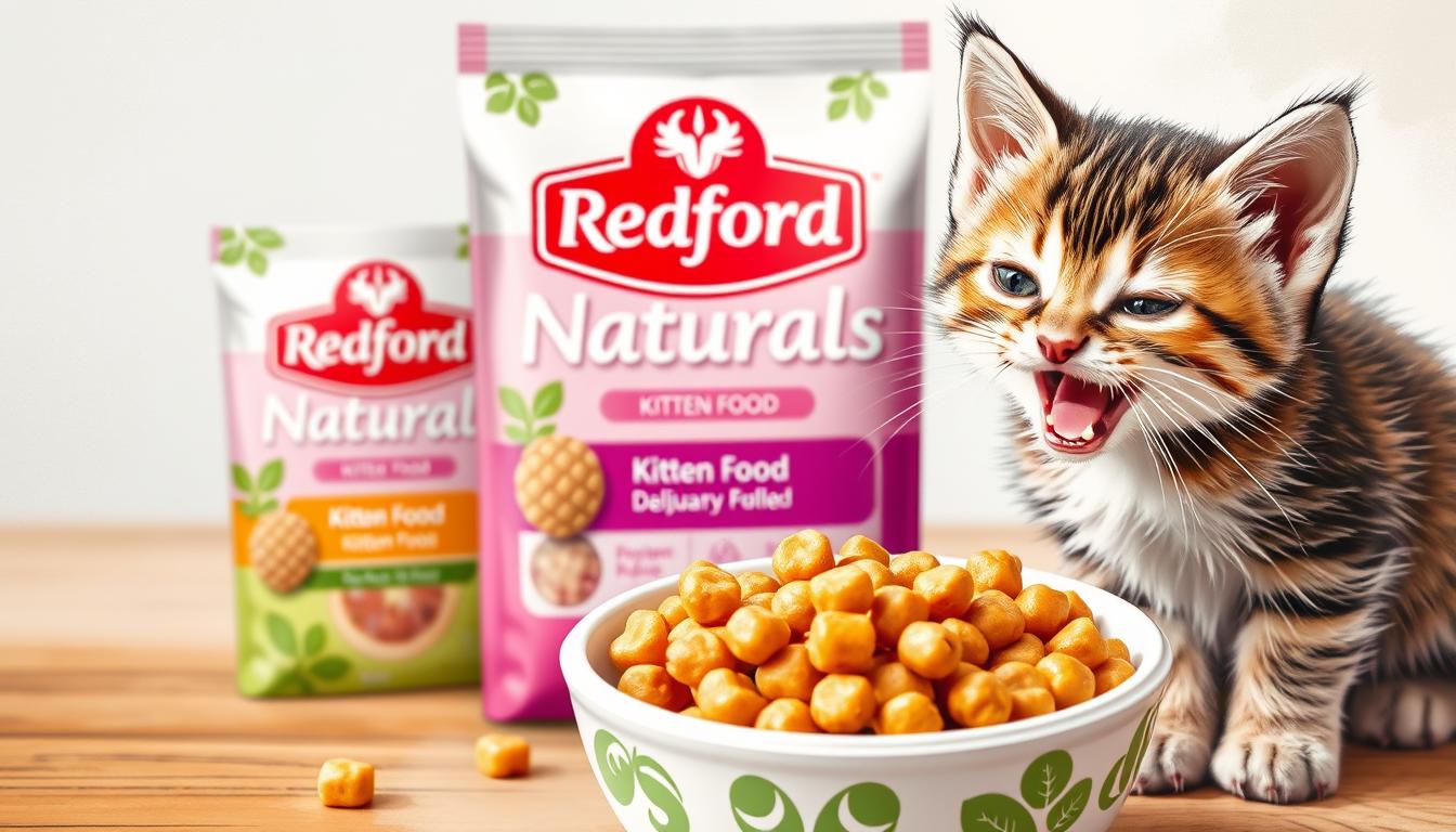 Image of Redford Naturals Kitten Food packaging or a happy kitten eating the food.