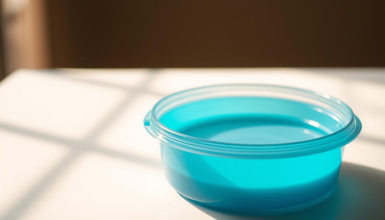 A close-up shot of a BPA-infused plastic pet food container. The container's surface has a subtle blue tint, indicating the presence of BPA. The container is positioned on a clean, white surface, allowing the material to be the focal point. Warm, soft lighting from the side casts subtle shadows, highlighting the container's textural details. The image conveys a sense of unease and concern, subtly alluding to the potential health risks associated with BPA exposure from pet food storage.