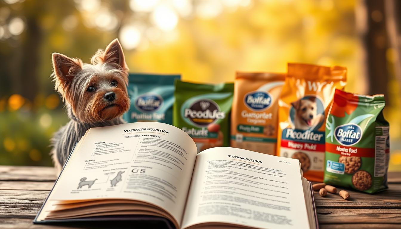 A detailed and informative Cairn Terrier nutrition guide, presented against a softly lit, natural backdrop. The foreground features an open book with illustrations and text outlining the key dietary requirements and feeding recommendations for this breed. The middle ground showcases various high-quality dog food options, their packages arranged in an appealing composition. The background gently blurs, emphasizing the guide's informative focus. Warm, earthy tones and a sense of expertise and authority pervade the scene, inviting the viewer to explore the optimal nutrition for their beloved Cairn Terrier.