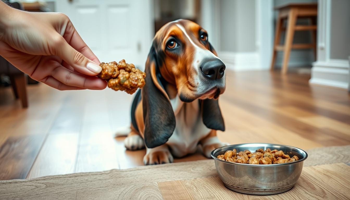 A basset hound sitting on the floor, attentively watching as a human hand offers a healthy dog food portion. The hound's wrinkled face and expressive eyes convey its eagerness. The foreground is softly lit, the dog's fur shimmering. In the middle ground, a cozy home environment with wooden floors and a warm neutral palette. The background is slightly blurred, suggesting a calm, inviting atmosphere. The overall scene captures the special bond between a basset hound and its caretaker during a mealtime routine.