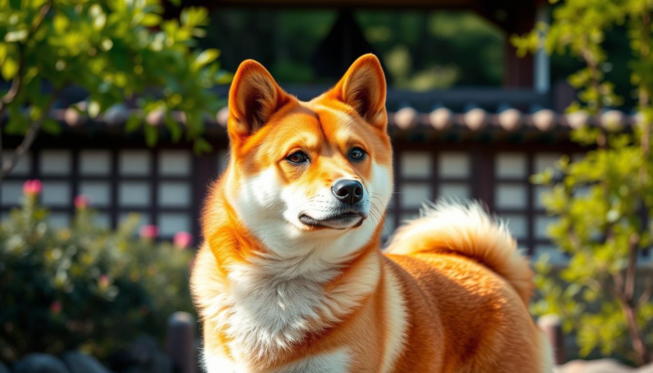A detailed, vibrant portrait of a Shiba Inu dog, captured in a natural, warm lighting. The Shiba stands proudly in the foreground, its distinctive pointed ears, wedge-shaped head, and plush, reddish-orange coat prominently displayed. The dog's alert gaze and confident posture convey the breed's inherent intelligence and spirited personality. In the middle ground, a lush, verdant Japanese garden backdrop frames the Shiba, hinting at the breed's deep cultural ties to Japan. The overall scene exudes a sense of tranquility and traditional elegance, reflecting the Shiba Inu's iconic status as a beloved Japanese companion.