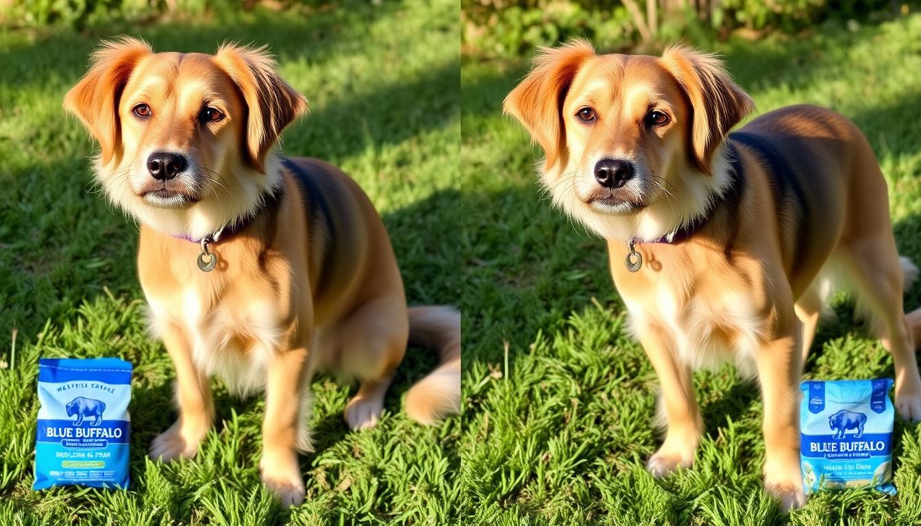 Before and after photos of a dog at healthy weight after proper Blue Buffalo feeding