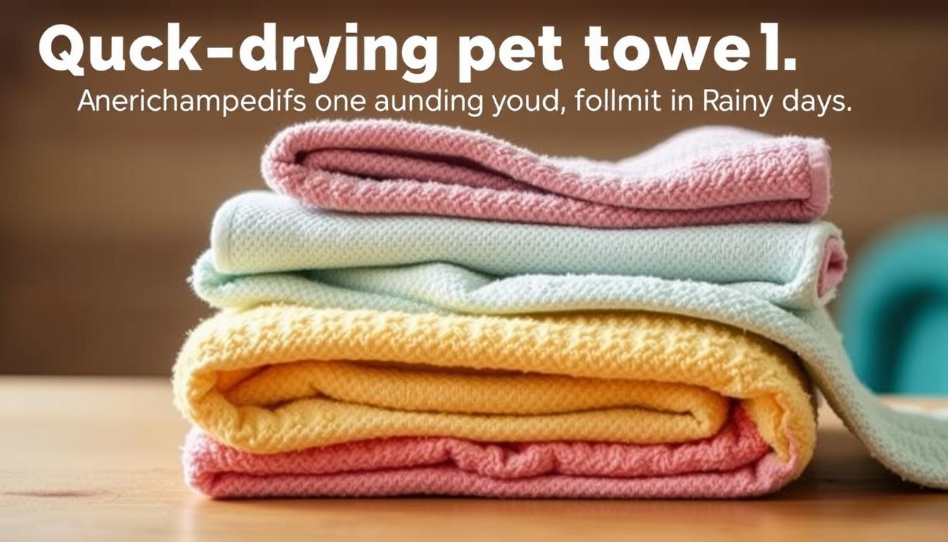 Neatly folded quick-drying pet towels arranged on a wooden surface, with a soft, diffused lighting casting a warm glow. The towels, in various pastel hues, feature an absorbent microfiber texture and are displayed in a visually appealing, organized manner. The background is slightly blurred, creating a focus on the towels as the central subject. The overall scene conveys a sense of simplicity, practicality, and a solution-oriented approach to pet care on rainy days.