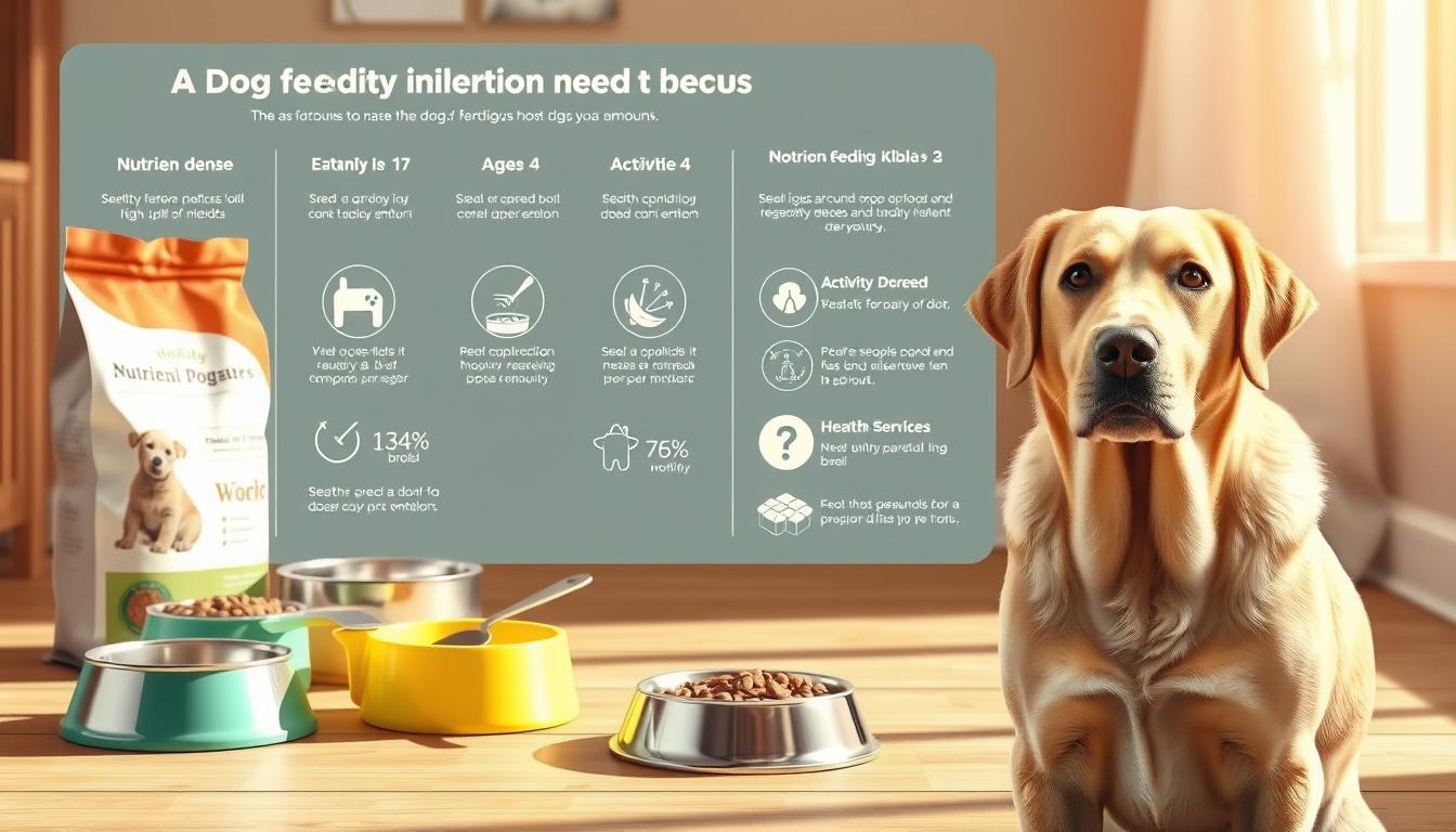 A realistic digital illustration depicting the key factors affecting a dog's optimal feeding amounts. In the foreground, a well-groomed Labrador Retriever stands alert, its expression attentive. In the middle ground, various dog food bowls, measuring cups, and a nutrient-dense bag of high-quality kibble are arranged neatly. In the background, an infographic displays informative icons and data visualizations highlighting factors such as breed, age, activity level, and health conditions that influence a dog's dietary needs. The scene is illuminated by warm, natural lighting, capturing the importance of this subject in a visually compelling manner.