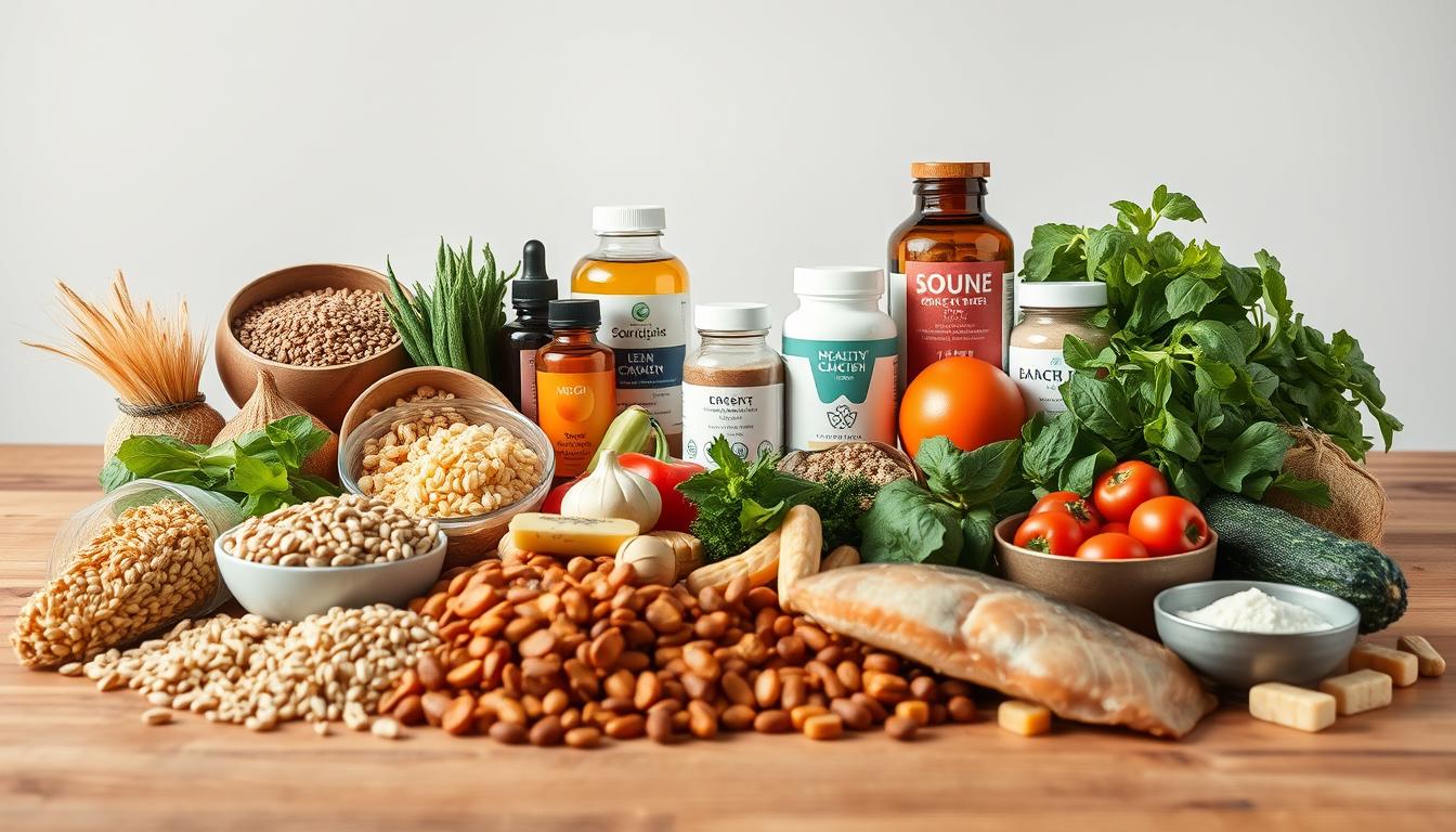 A well-lit, high-resolution studio photograph of a variety of healthy, natural dog food ingredients arranged artistically on a wooden surface. In the foreground, there are whole grains, vegetables, and lean proteins like chicken and fish. In the middle ground, various vitamins, minerals, and supplements for supporting a basset hound's nutritional needs are visible. The background is clean and uncluttered, with gentle highlights and shadows to create depth and dimension. The overall composition is balanced, with the subject matter presented in an informative yet visually appealing manner.
