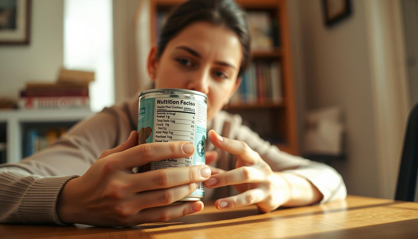 A person sits at a table, closely examining the label on a can of dog food. The scene is bathed in warm, natural lighting, with a soft, diffused glow illuminating the details. The label takes up the central focus, with the person's hands gently holding the can, their eyes intently studying the nutritional information and ingredient list. In the background, a bookshelf or cabinet with various pet-related items adds a sense of context. The overall atmosphere is one of thoughtful consideration, as the person carefully assesses the quality and suitability of the dog food for their furry companion.