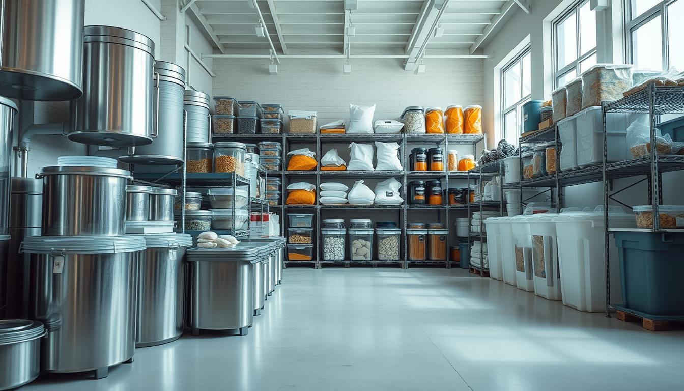 A well-lit, spacious storage room with various storage methods organized in a clean, visually appealing manner. In the foreground, rows of airtight storage containers, silos, and hermetically sealed bins made of sturdy materials like metal, glass, and BPA-free plastic. In the middle ground, large shelving units housing sealed bags, jars, and canisters. The background features a large window letting in natural light, highlighting the organized layout and efficient use of space. The overall atmosphere conveys a sense of control, cleanliness, and practicality suitable for preserving the freshness and quality of stored goods.