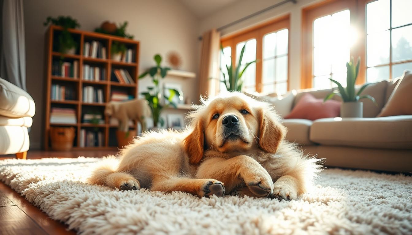 A cozy and inviting living room filled with a fluffy golden retriever cuddled up on a plush rug, basking in the warm glow of natural sunlight streaming through large windows. The dog's soft, cloud-like fur invites a gentle touch, and its playful, affectionate expression conveys the companionship and comfort it provides. In the background, a bookshelf and houseplants add a sense of tranquility, while the overall scene captures the peaceful, stress-relieving benefits of having a fluffy canine companion in the home.