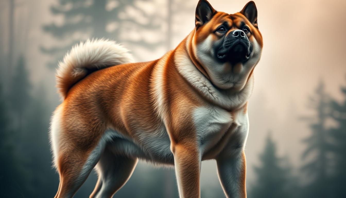 A powerful Akita dog standing tall and proud, its muscular frame and piercing gaze exuding an aura of unwavering loyalty and strength. The dog is captured in a dramatic, low-angle perspective, with soft, warm lighting illuminating its regal features. The background is a serene, misty forest landscape, hinting at the Akita's deep connection to the natural world. The overall composition and mood evoke a sense of reverence and admiration for the breed's remarkable qualities.