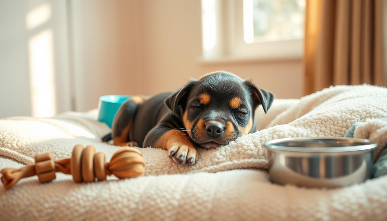 An 8-week-old puppy sleeping soundly on a soft, plush bed, surrounded by chew toys and a water bowl. The cozy scene is illuminated by warm, natural lighting that filters through a nearby window, casting a gentle glow on the puppy's peaceful expression. The background features a minimalist, neutral-toned room, allowing the puppy to be the focal point. The composition is balanced, with the puppy positioned slightly off-center, creating a sense of tranquility and harmony. The image conveys the care and attention required for a young pup during this crucial developmental stage.