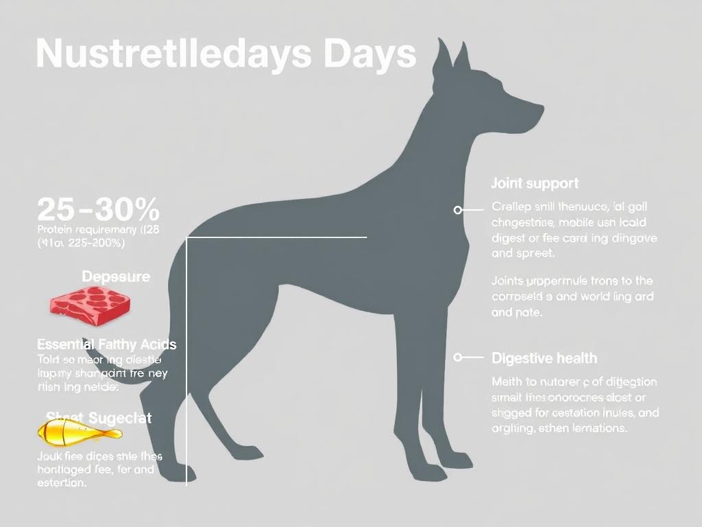 Rhodesian Ridgeback's nutritional needs diagram showing protein, fats, and joint support requirements