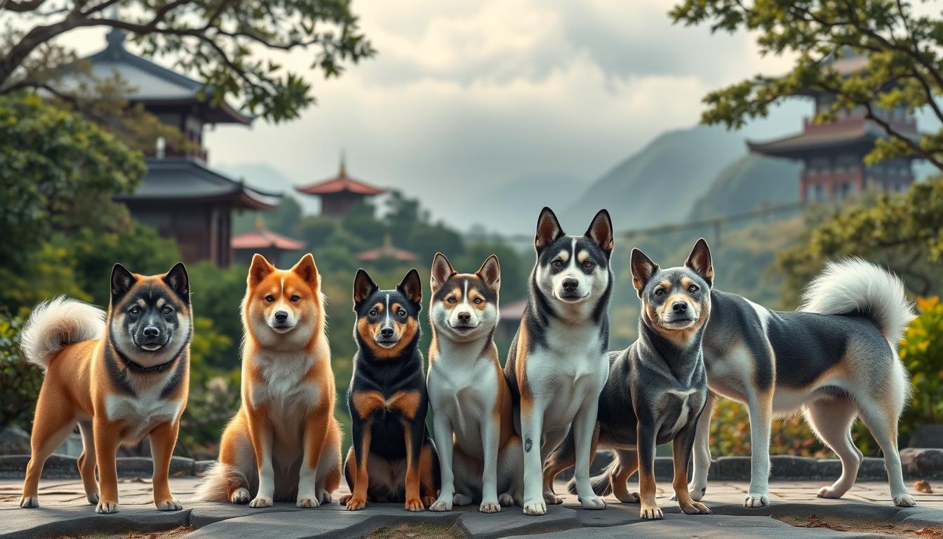 a highly detailed, photorealistic image of a group of Japanese dog breeds, showcased in a natural outdoor setting with lush foliage and soft, diffused lighting. The dogs should be positioned prominently in the foreground, displaying their distinctive physical characteristics - compact, muscular builds, upright triangular ears, curled tails, and unique facial features. The middle ground should feature a harmonious blend of traditional Japanese architectural elements, such as pagodas or gardens, to establish a cultural context. The background should depict a serene, mountainous landscape with mist-shrouded peaks, creating a sense of tranquility and connection to the natural world. The overall composition should convey the elegance, grace, and adaptability of these treasured Japanese canine companions.