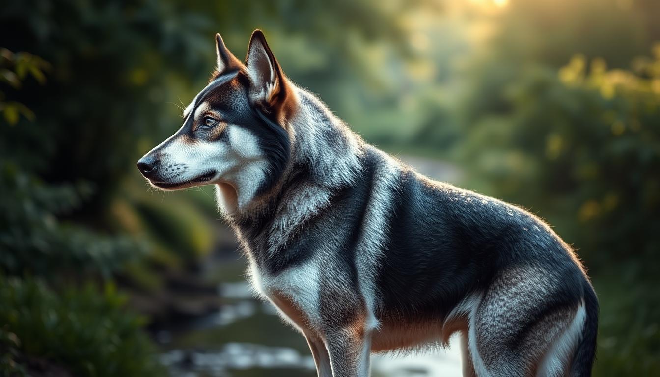 A majestic Shepsky dog standing proud, its heterochromic eyes gently gazing into the distance. The dog's thick, plush coat in a striking blend of black, gray, and silver, reflecting the sunlight that filters through the lush, verdant foliage surrounding it. The canine's muscular frame and alert posture convey a sense of power and intelligence, characteristic of this unique hybrid breed. In the middle ground, blurred out but still visible, a tranquil stream meanders, its calming presence adding to the serene atmosphere. Soft, diffused lighting illuminates the scene, creating a sense of peace and contemplation. This Shepsky is the embodiment of the breed's fascinating origins and its captivating blend of Siberian Husky and German Shepherd traits.