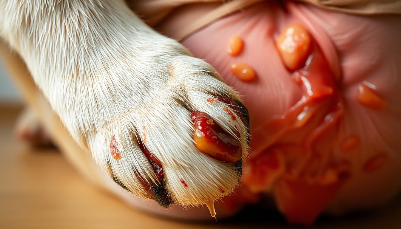 A close-up view of a dog's paw and stomach, showing the telltale signs of food poisoning - inflamed skin, redness, vomit, and diarrhea. The lighting is soft and natural, highlighting the details of the dog's distressed condition. The background is blurred, keeping the focus on the affected areas. The overall mood is one of concern and empathy, conveying the need for prompt veterinary attention. The angle and composition draw the viewer's eye directly to the affected regions, educating and informing about the visual cues of this common canine ailment.