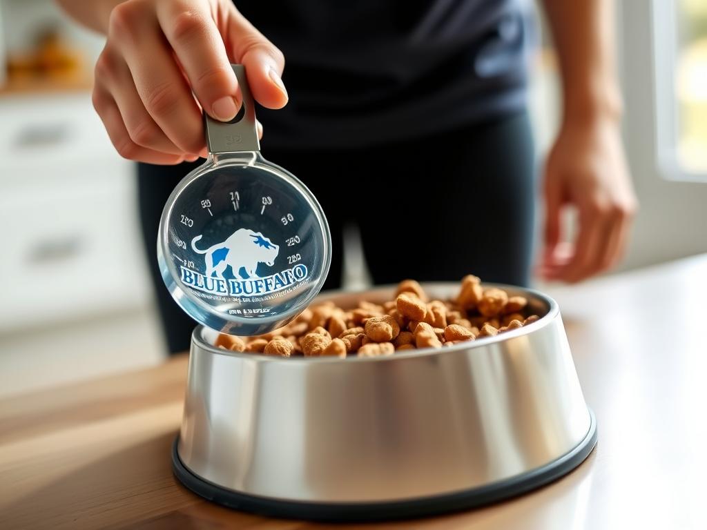 Dog owner measuring Blue Buffalo dog food with a measuring cup