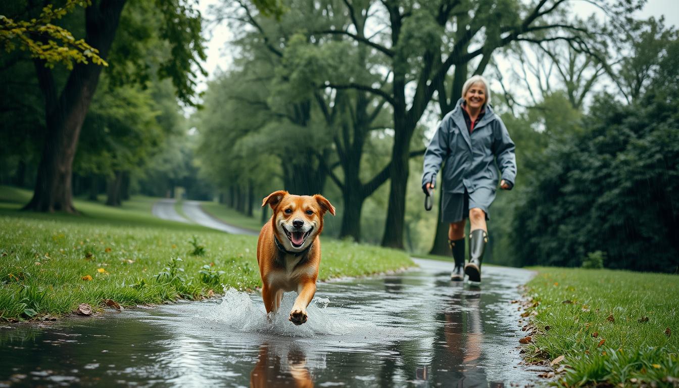 A rainy day dog walk in a lush, verdant park. The foreground shows a medium-sized dog happily splashing through puddles, its fur wet and shining. The dog's owner, dressed in a raincoat and rain boots, strides alongside, a content smile on their face. The middle ground features a winding path lined with towering trees, their leaves glistening with raindrops. In the background, a muted, overcast sky casts a soft, diffused light, creating a serene, calming atmosphere. The scene conveys the simple joy and rejuvenating benefits of embracing the rain during a dog walk, promoting a connection with nature and the elements.