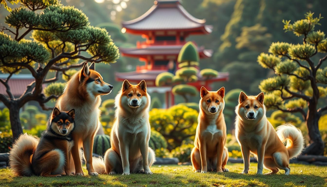 A serene, tranquil scene depicting the elegant silhouettes of four Japanese dog breeds - the Akita, Shiba Inu, Hokkaido, and Kishu Inu - harmoniously gathered in a lush, verdant Japanese garden. The dogs are captured in a range of natural poses, their fur glistening under the warm, diffused light of a late afternoon sun. The background features a traditional Japanese pagoda, its red-tiled roof peeking through the meticulously pruned bonsai trees and carefully manicured foliage. An air of timeless, cultural refinement permeates the scene, inviting the viewer to appreciate the unique beauty and captivating essence of these iconic Japanese canine companions.