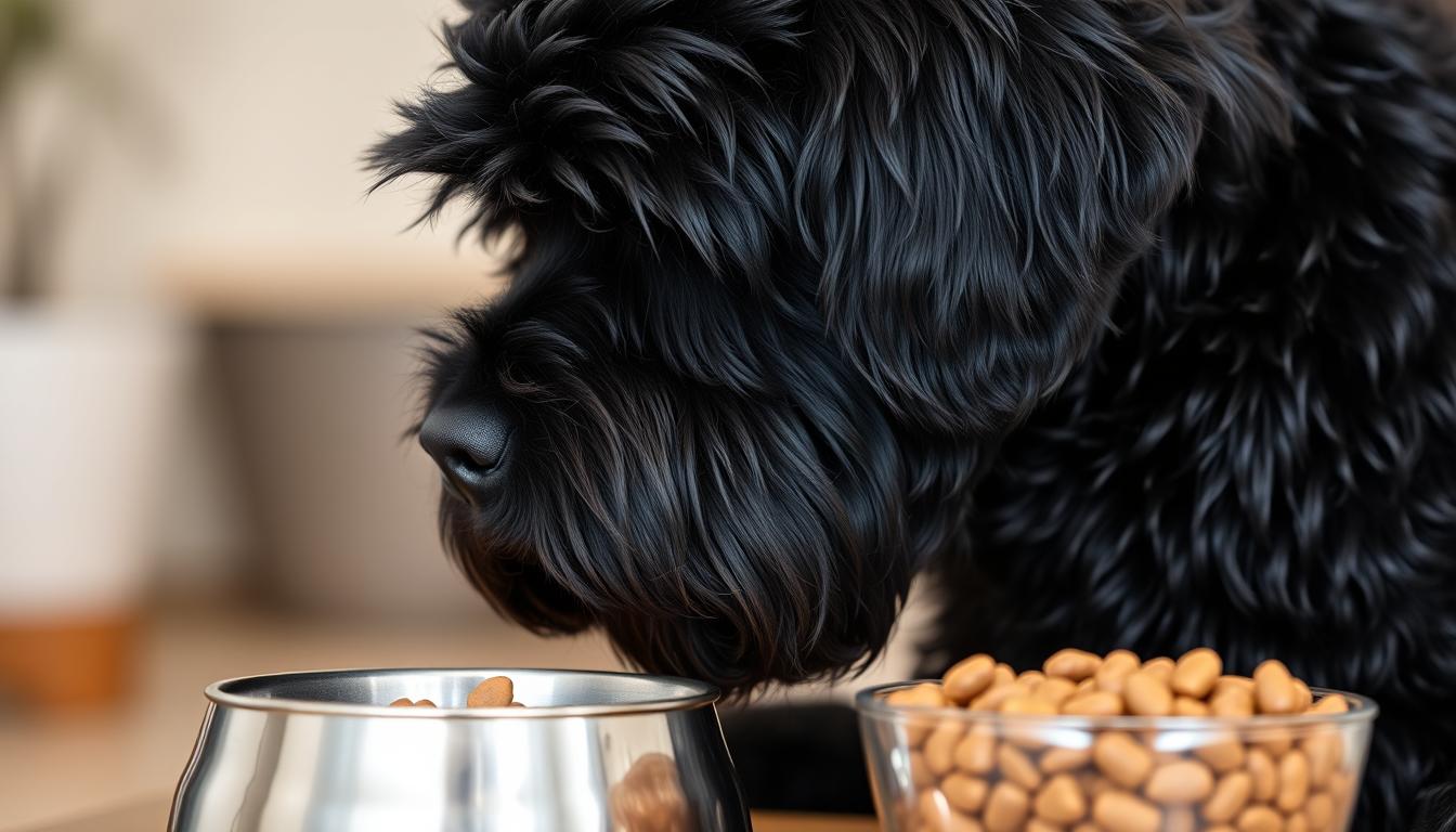 Portuguese Water Dog looking at a bowl of premium dog food