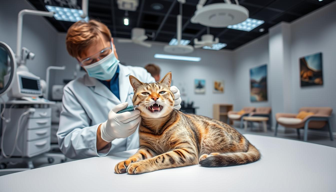 A modern veterinary clinic interior, with bright lighting and clean surfaces. In the foreground, a skilled feline dentist in a white coat examines the teeth of a relaxed tabby cat, using specialized tools and equipment. The middle ground features an array of dental supplies and diagnostic machines, conveying the professionalism and expertise of the clinic. The background showcases a waiting area with plush cat beds and calming artwork, creating a welcoming atmosphere for feline patients and their owners.