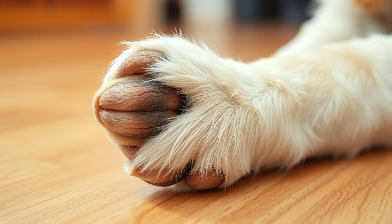 A well-lit, close-up photograph of a clean, healthy dog paw resting on a spotless hardwood floor. The paw is free of dirt, debris, or any signs of irritation, with the pads and claws in pristine condition. The lighting is soft and diffused, creating a warm, inviting atmosphere that emphasizes the importance of paw care and home cleanliness. The background is subtly blurred, keeping the focus on the paw and suggesting a sense of balance and harmony between the dog and its living environment.