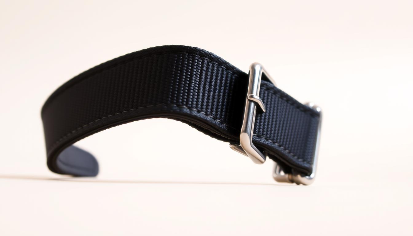 A close-up photograph of a dog collar against a plain, neutral background. The collar is made of high-quality leather or nylon material, with a sturdy metal buckle or clasp. The collar is laid flat, showcasing its size and dimensions. The lighting is soft and even, accentuating the texture and details of the collar. The image is shot from a low angle, creating a sense of scale and emphasizing the importance of proper collar fit for the dog's comfort and safety.
