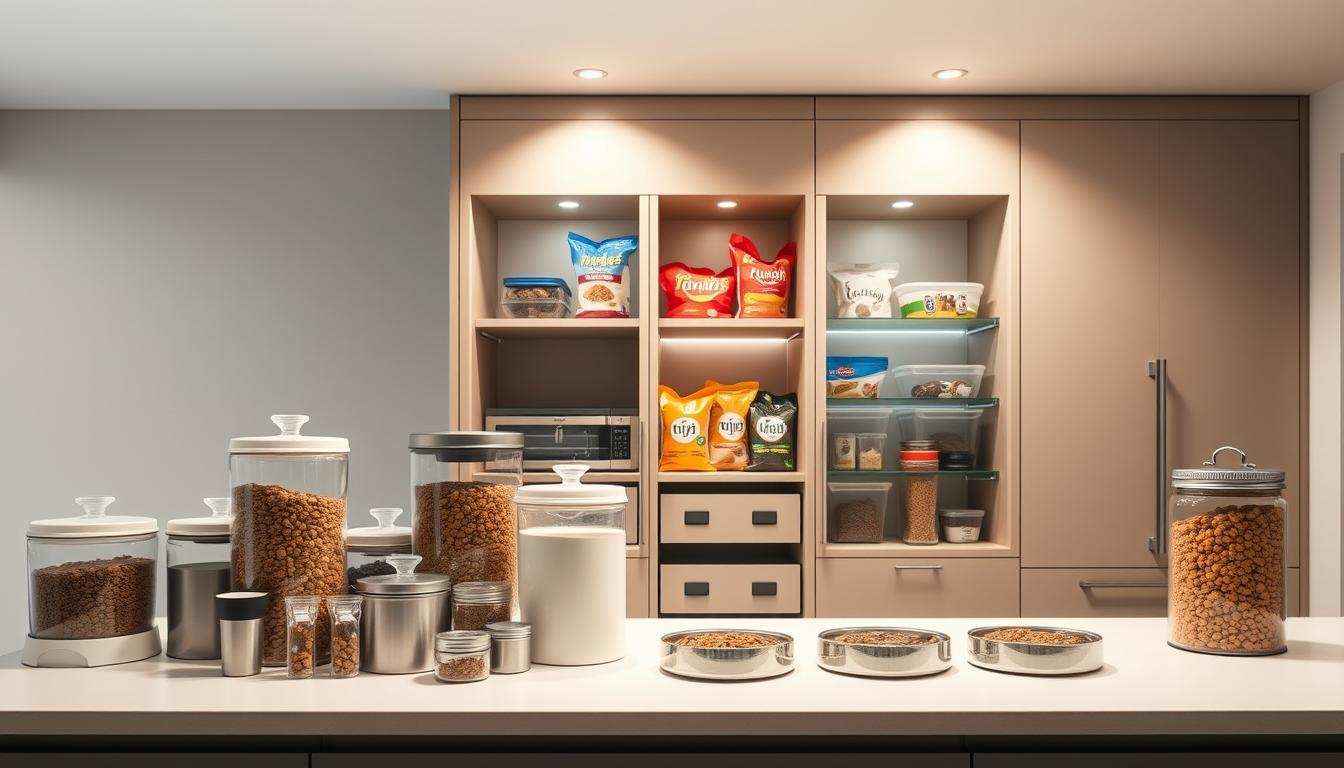 A well-organized pet meal storage solution in a sleek, modern kitchen setting. In the foreground, various food containers, canisters, and dispensers are neatly arranged on a minimalist countertop, showcasing efficient organization and accessibility. The middle ground features a custom-built cabinet or pantry with adjustable shelves, allowing for personalized organization of different-sized pet food bags and treats. Soft, directional lighting from above casts a warm glow, highlighting the thoughtful design and attention to detail. The background features a neutral, muted color palette, creating a calming atmosphere that complements the practical functionality of the pet meal organization solutions.