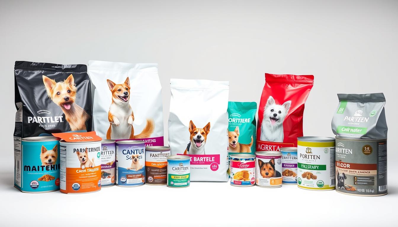 A well-lit studio shot of an assortment of high-quality dog food bags and cans featuring prominent labels and packaging for top commercial dog food brands suitable for cairn terriers. The products are arranged neatly on a clean, minimalist white backdrop, showcasing their diverse flavors, formulas, and nutritional profiles. The lighting is soft and diffused, highlighting the vivid colors and textures of the packaging. The camera angle is slightly elevated to provide an appealing, professional-looking composition that emphasizes the products' visual appeal and suitability for the breed. An overall clean, sophisticated, and informative atmosphere is conveyed.