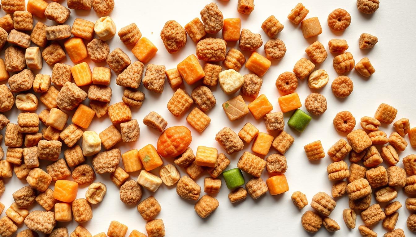A close-up photograph of various grain-free dog food kibbles, including high-protein meat-based pieces, colorful vegetable-based nuggets, and crunchy nut-based croquettes, arranged neatly on a plain white surface. Overhead lighting casts soft shadows, highlighting the intricate textures and natural hues of the premium, nutrient-dense ingredients. The depth of field is shallow, allowing the viewer to focus on the detailed composition of the diverse grain-free dog food formulation.